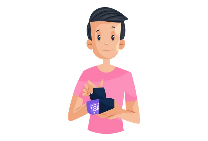 Laboratory boy is holding sanitary napkin packet in hand  イラスト