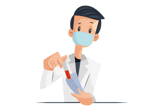Laboratory boy is holding test tube and report paper in hand  Illustration