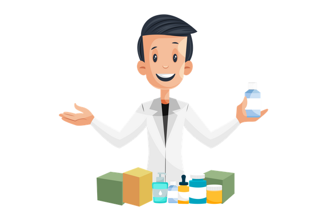 Laboratory boy is showing medicines products and sanitizer Illustration