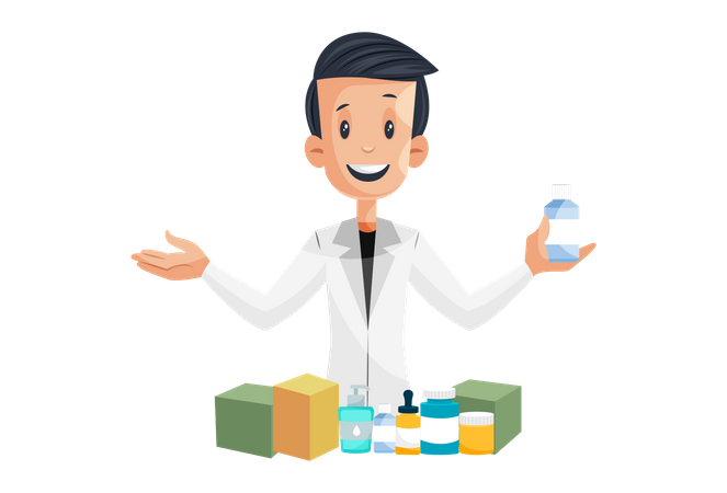 Laboratory boy is showing medicines products and sanitizer  Illustration