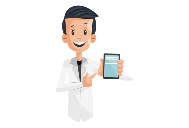 Laboratory boy is showing mobile for online medicine order Illustration