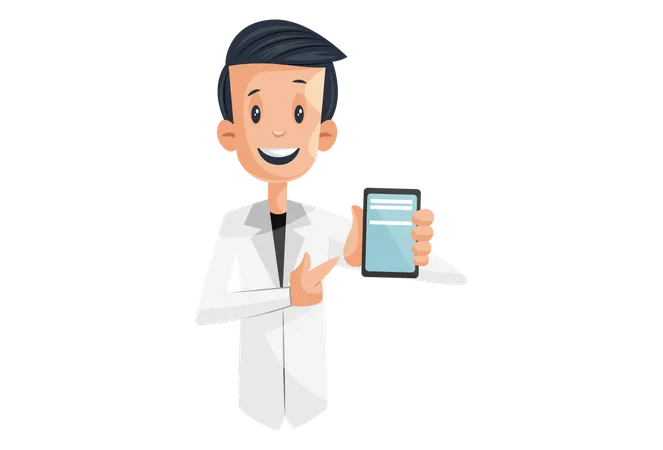 Laboratory boy is showing mobile for online medicine order  Illustration