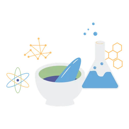 Laboratory Mortar And Pestle With Flask And Chemical Symbols Vector Illustration In Flat Style With Science Theme Editable Vector Illustration Illustration