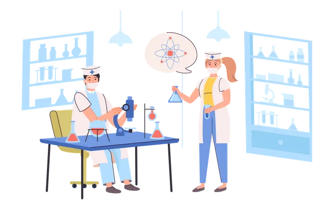 Laboratory Research Concept Scientists Making Scientific Tests With Microscope And Flasks At Lab Chemical Medical Or Pharmaceutical Research And Discovery Vector Illustration In Trendy Flat Design Illustration