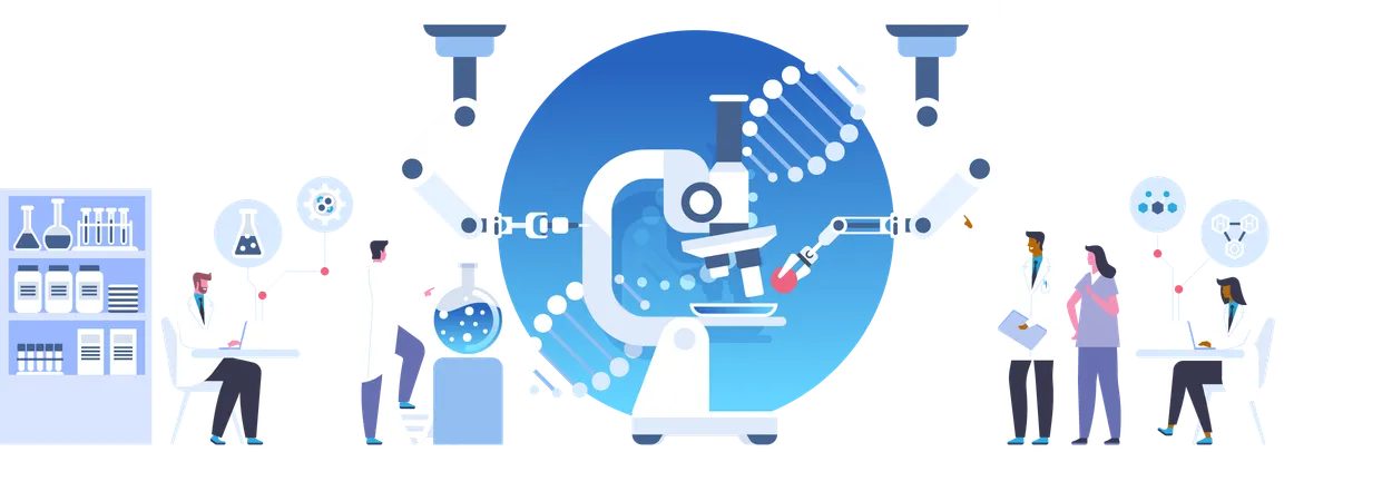 Laboratory Study Flat Vector Illustration Scientists Doing Research Experiment Cartoon Characters Nanotechnology Microbiology Science Concept Medical Innovation Genetic Engineering イラスト