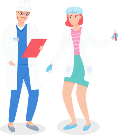 Doctor Talking With Laboratory Assistant Woman Holding Flask With Liquid Or Blood In Hand Two Professionals Talking Abour Results Of Medical Test Therapist Holding Clipboard With Information Illustration
