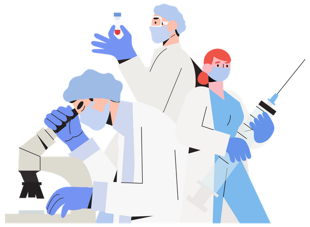 Laboratory test research. Healthcare workers or medical team create vaccine against disease or virus. Illustration