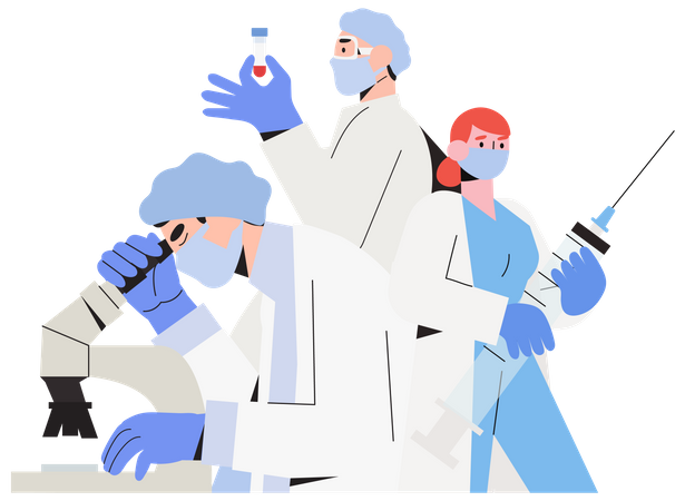 Laboratory test research. Healthcare workers or medical team create vaccine against disease or virus.  Illustration