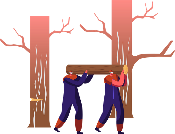 Laborers Carrying Heavy Wooden Log on Shoulders in Forest  Illustration