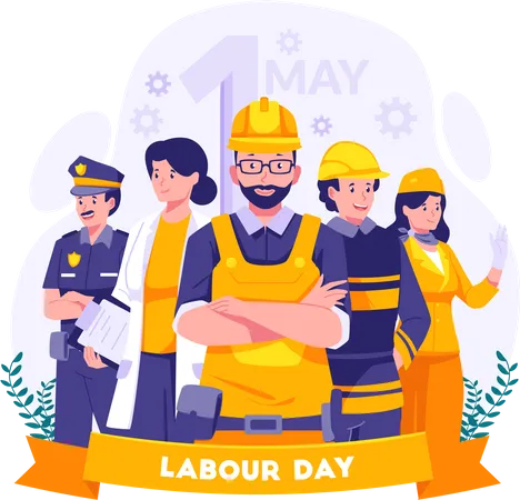 Labour Day On 1st May A Group Of Different Kinds Of Workers A Construction Worker Policeman Fireman And Female Worker Vector Illustration イラスト