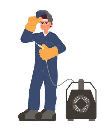 Labour Welder Cartoon Flat Illustration Welding Industrial Worker Male Asian Adult Holding Cutting Torch 2 D Character Isolated On White Background Welder Steelworker Scene Vector Color Image Illustration