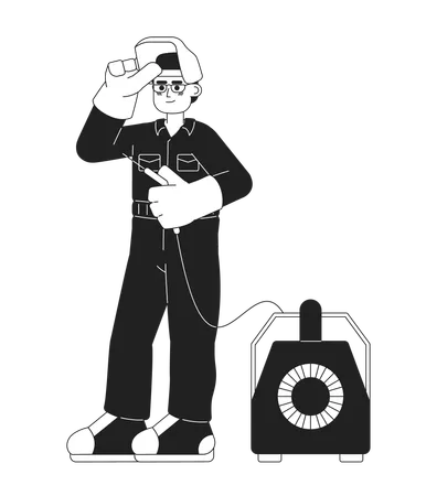 Labour Welder Black And White Cartoon Flat Illustration Welding Industrial Worker Male Asian Adult Holding Tool Linear 2 D Character Isolated Welder Steelworker Monochromatic Scene Vector Image Illustration