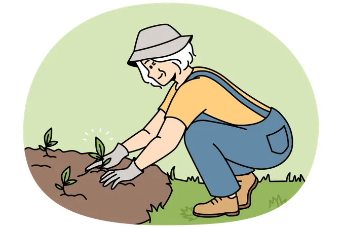Lächelnde ältere Frau pflanzt Setzlinge  Illustration