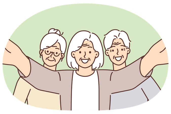Lächelnde ältere Menschen posieren, machen gemeinsam Selfies, führen einen aktiven Lebensstil und genießen den Ruhestand  Illustration
