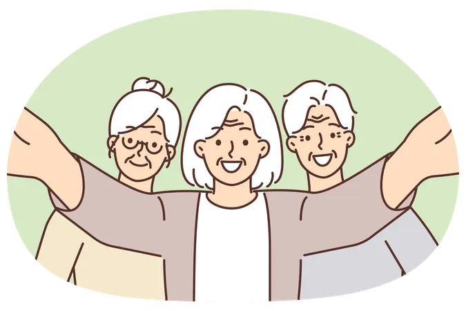 Lächelnde ältere Menschen posieren, machen gemeinsam Selfies, führen einen aktiven Lebensstil und genießen den Ruhestand  Illustration