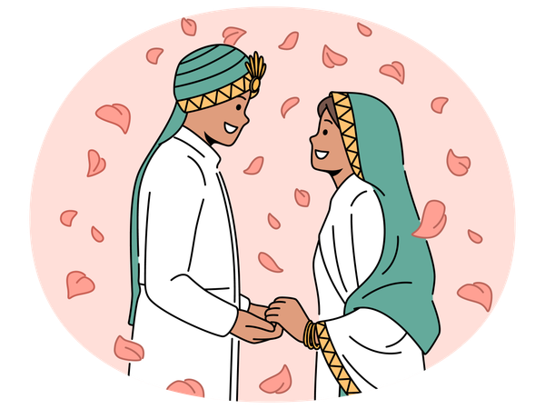 Lächelnde arabische Braut und Bräutigam bei der Hochzeitszeremonie  Illustration