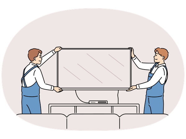 Lächelnde Arbeiter installieren Fernseher zu Hause  Illustration