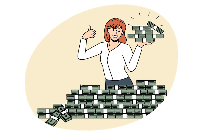 Lächelnde Arbeiterin steht und hält einen Haufen Bargeld in der Hand und zeigt Daumen hoch  Illustration