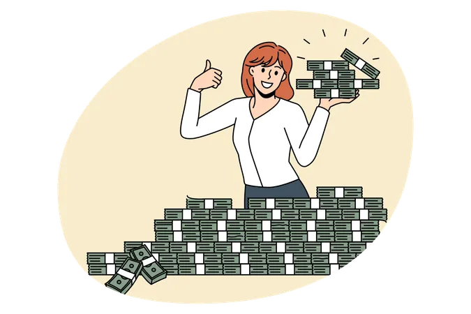 Lächelnde Arbeiterin steht und hält einen Haufen Bargeld in der Hand und zeigt Daumen hoch  Illustration