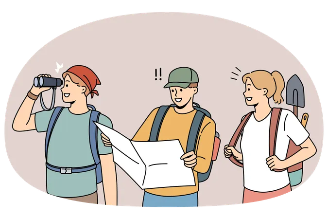 Lächelnde Archäologen mit Karte auf der Suche nach Artefakten  Illustration