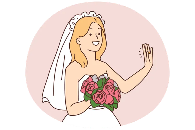 Lächelnde Braut mit Blumenstrauß in den Händen  Illustration