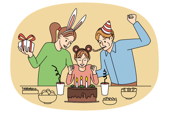 Lächelnde Eltern und Kind feiern Geburtstag  Illustration