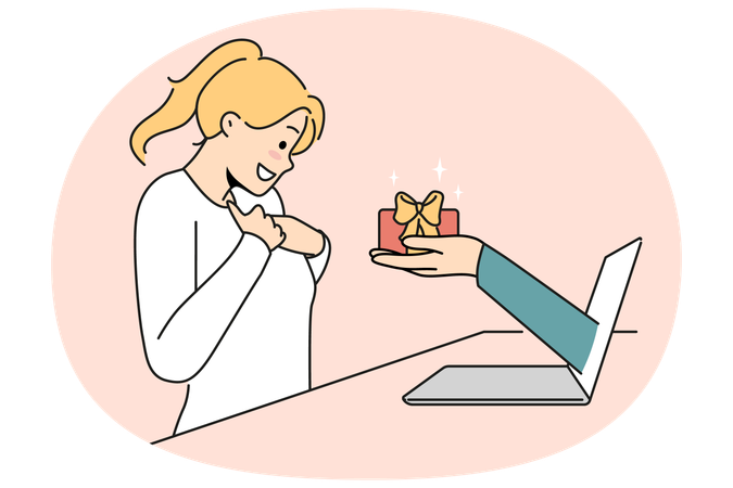 Lächelnde Frau begeistert von Online-Geschenk  Illustration