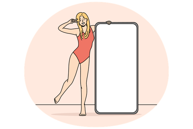 Lächelnde Frau im Badeanzug posiert mit Handy mit Mockup-Bildschirm  Illustration