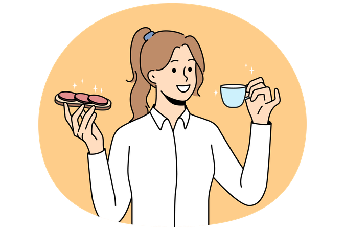 Lächelnde Frau isst Sandwich und trinkt Kaffee  Illustration