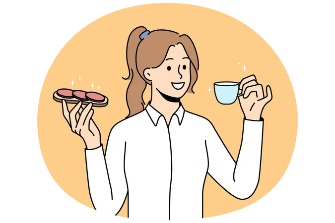 Lächelnde Frau isst Sandwich und trinkt Kaffee  Illustration
