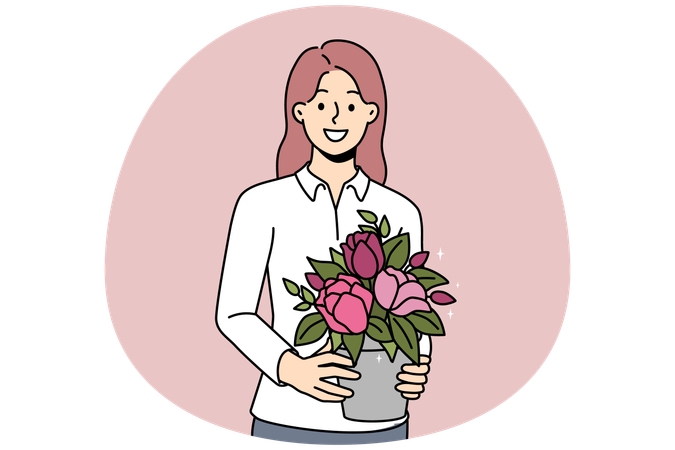 Lächelnde Frau mit blühender Pflanze in den Händen  Illustration