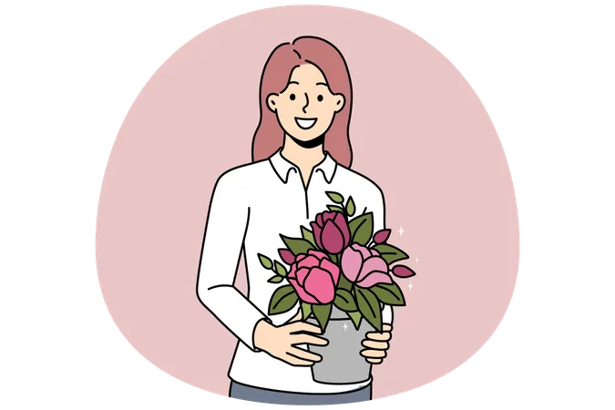 Lächelnde Frau mit blühender Pflanze in den Händen  Illustration