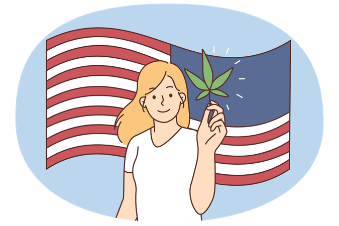 Lächelnde Frau mit Cannabis auf amerikanischer Flagge  Illustration