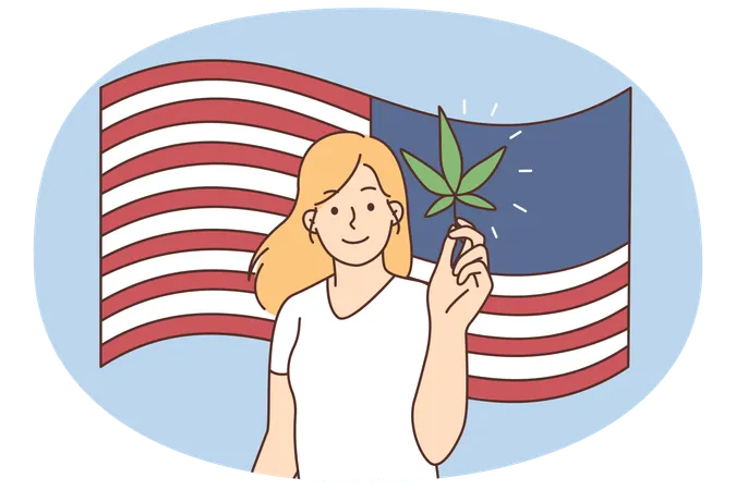 Lächelnde Frau mit Cannabis auf amerikanischer Flagge  Illustration