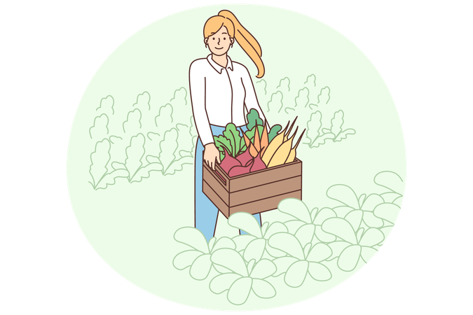 Lächelnde Frau mit Kiste Gemüse  Illustration