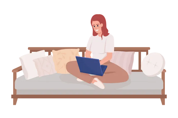 Lächelnde Frau mit Laptop sitzt auf der Couch mit gekreuzten Beinen  Illustration