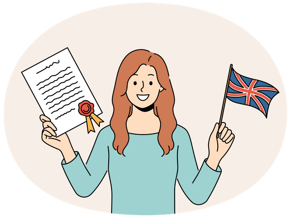 Lächelnde Frau mit Zertifikat und Flagge in den Händen  Illustration