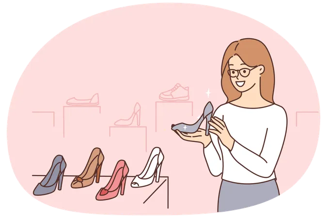 Lächelnde Frau wählt Absätze im Geschäft  Illustration