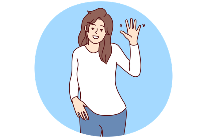Lächelnde Frau winkt und sagt Hallo mit der Hand, die sich überglücklich und optimistisch fühlt  Illustration