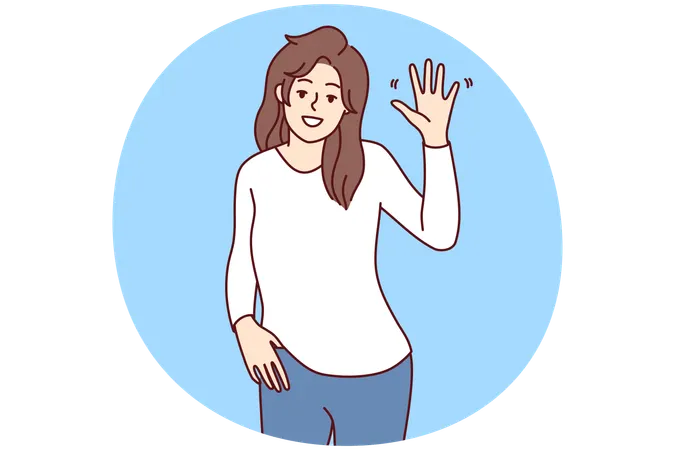 Lächelnde Frau winkt und sagt Hallo mit der Hand, die sich überglücklich und optimistisch fühlt  Illustration