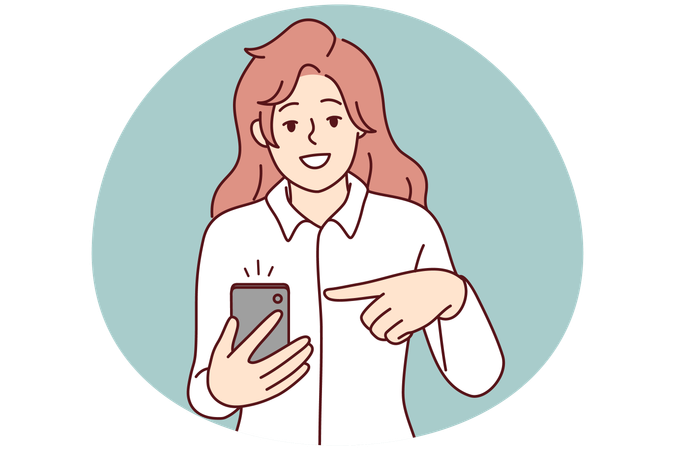 Lächelnde Frau zeigt auf mobile Benachrichtigung  Illustration