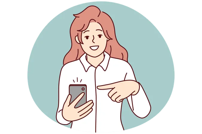 Lächelnde Frau zeigt auf mobile Benachrichtigung  Illustration
