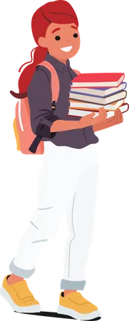 Lächelnd fröhlich Grundschulalter Schülerin trägt Bücherstapel gehen zu studieren  Illustration