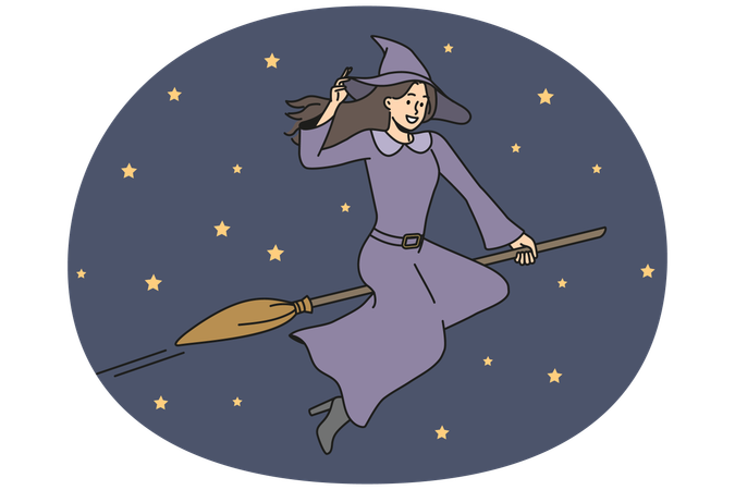 Lächelnde Hexe fliegt auf Besen in den Himmel  Illustration
