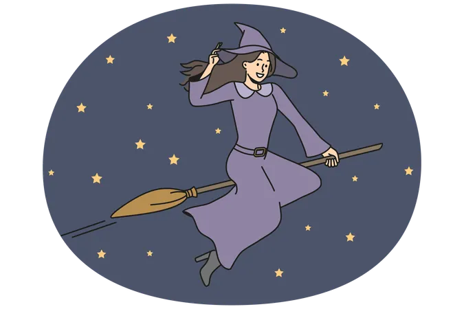 Lächelnde Hexe fliegt auf Besen in den Himmel  Illustration