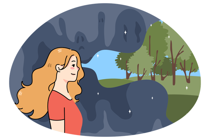 Lächelnde junge Frau blickt optimistisch und positiv auf die Welt  Illustration