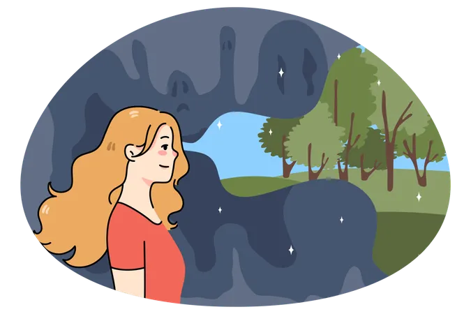Lächelnde junge Frau blickt optimistisch und positiv auf die Welt  Illustration