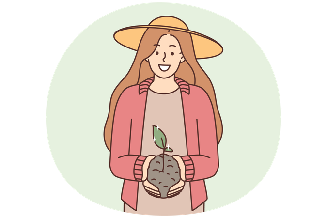 Lächelnde junge Frau hält Erde mit Setzling in den Händen  Illustration