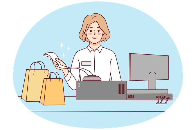 Lächelnde Kassiererin an der Kasse  Illustration