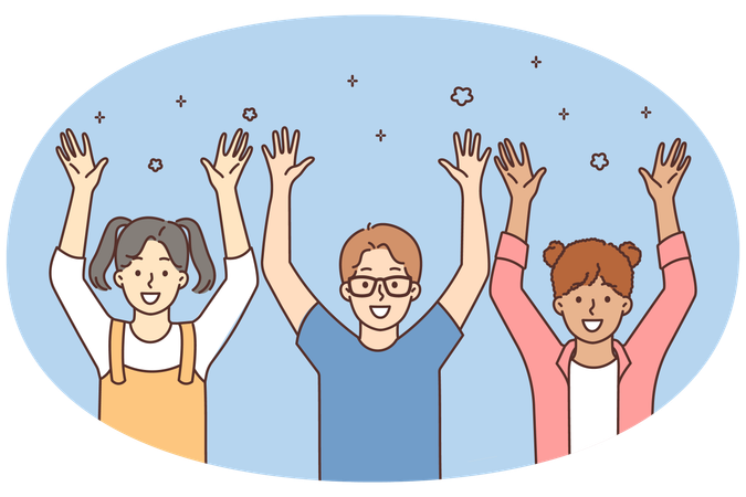 Lächelnde Kinder heben die Hände und spielen zusammen  Illustration